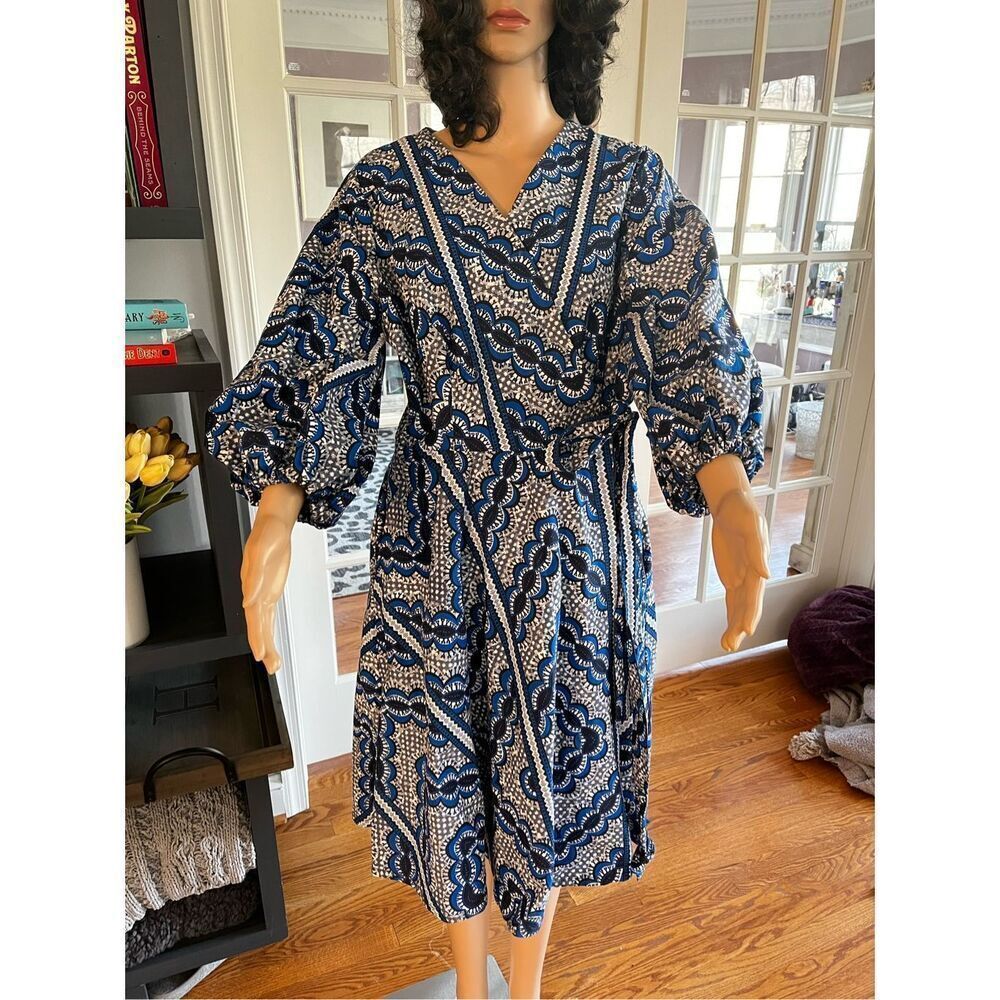 Ray Darten Blue & Black African Print Wrap Puff Sleeve Dress sz 1X EUC